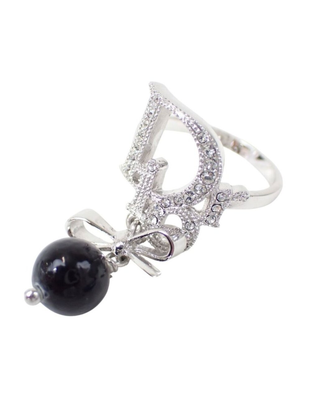 Dior Rhinestone Ribbon Motif Ring Silver